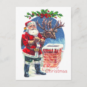 Santa en rendier naast de schoorsteen feestdagenkaart