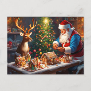 Santa en rendieren maken peperkoek huis briefkaart