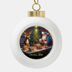 Santa en rendieren maken peperkoek huis keramische bal ornament