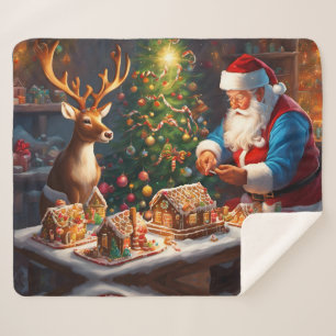 Santa en rendieren maken peperkoek huis sherpa deken