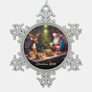 Santa en rendieren maken peperkoek huis tin sneeuwvlok ornament