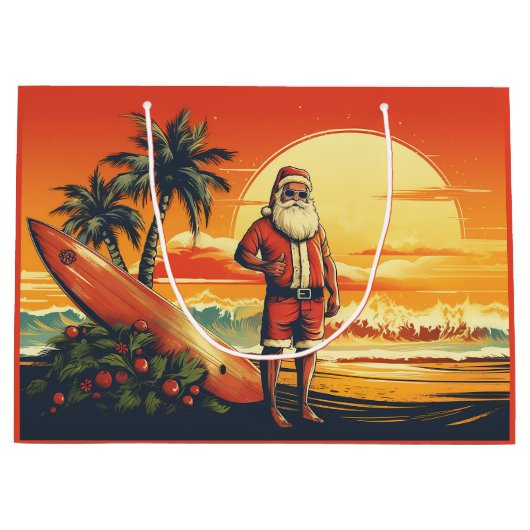 Santa en Surfboard Retro Surfing Beach Kerstmis Groot Cadeauzakje (Voorkant)