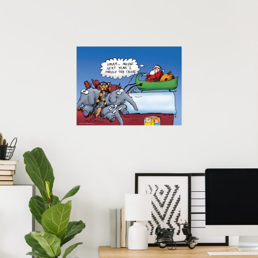 Santa en Zijne Elephants Funny Cartoon Poster (Thuiskantoor)
