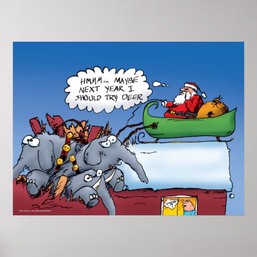Santa en Zijne Elephants Funny Cartoon Poster (Voorkant)