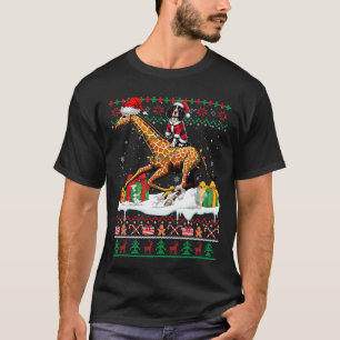Santa English Springer Spaniel Rijden Giraffe Xmas T-shirt