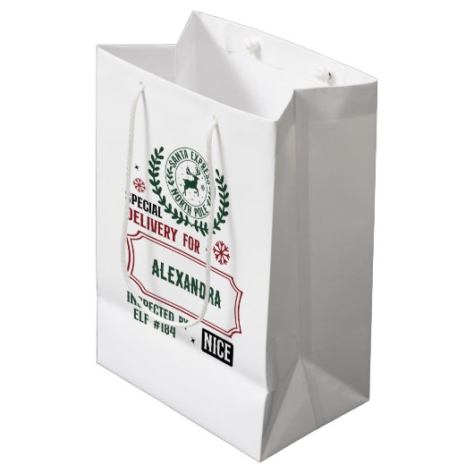 Santa Express levering voor (aangepaste naam) Kers Medium Cadeauzakje (Voorkant Gekanteld)