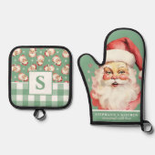  Santa Face Green Gingham Monogrammed Ovenwant & Pannenlap Set (Voorkant)
