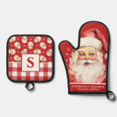  Santa Face Red Gingham Monogrammed Ovenwant & Pannenlap Set (Voorkant)