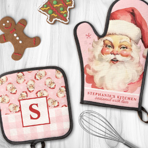 Santa Face Roze Gingham Monogrammed Ovenwant & Pannenlap Set