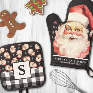 Santa Face Zwart Gingham Monogrammed Ovenwant & Pannenlap Set