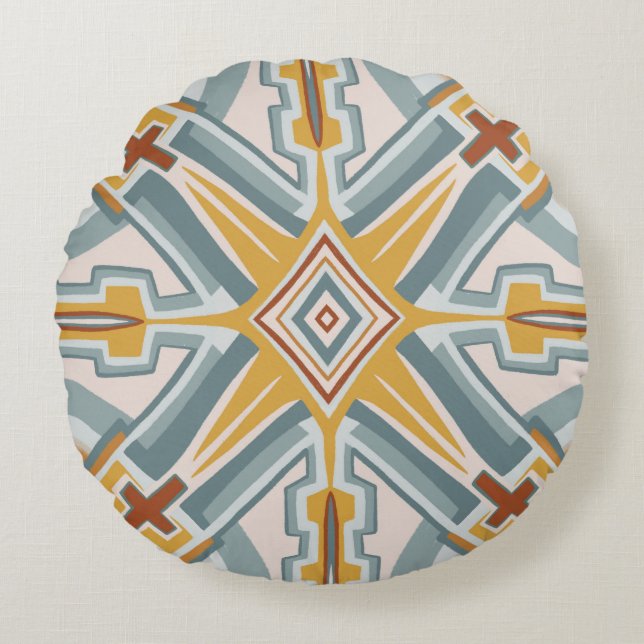 Santa Fe Tegels Boho Geometric Pattern Chic Rond Kussen (Voorkant)