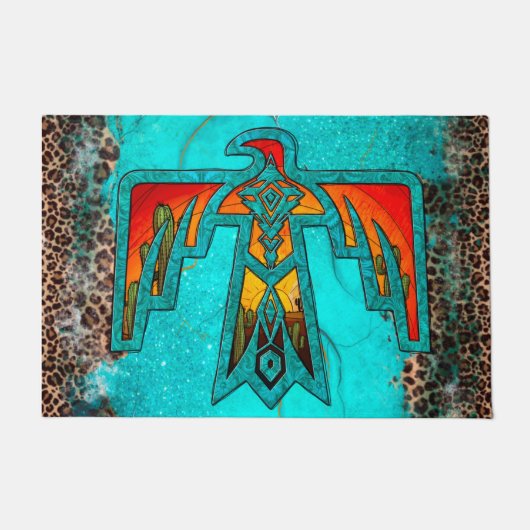 Santa Fe Thunderbird Turquoise Marble Leopard Deurmat (Voorkant)