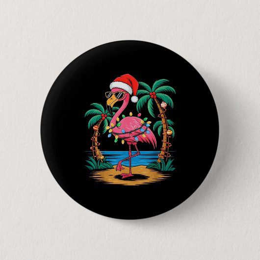 Santa Flamingo Christmas Lights Trocal Palms Tree Ronde Button 5,7 Cm (Voorkant)