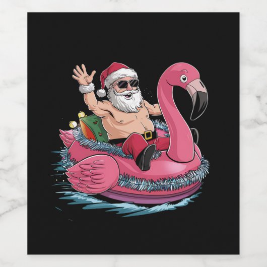 Santa Flamingo Floatie Kerstmis in juli Zomer Wijn Etiket (Enkel label)