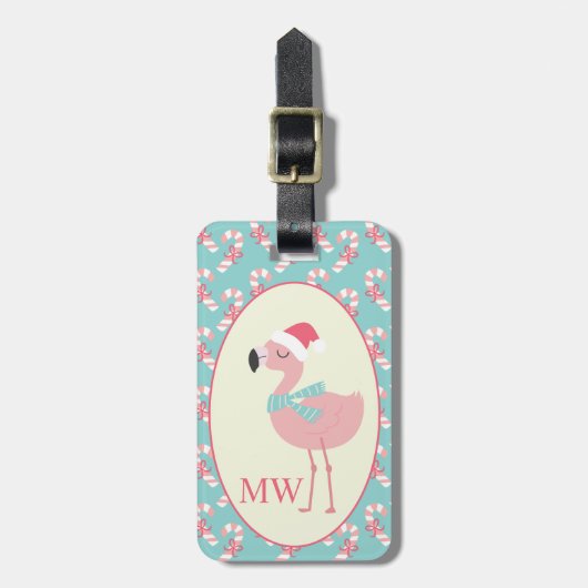 Santa Flamingo w Pink Candy Cane Pattern Kerstmis Bagagelabel (Voorkant verticaal)