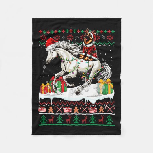 Santa German Shepherd Rijdend Paard Kerstzweet Fleece Deken (Voorkant)