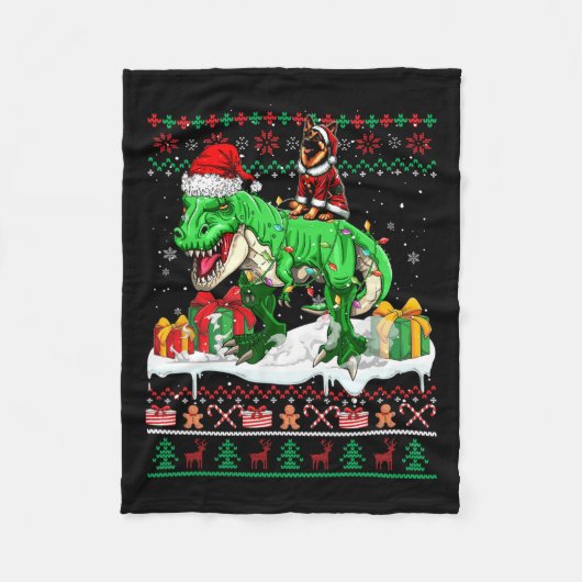 Santa German Shepherd Rijdend T-rex Kerstzweet Fleece Deken (Voorkant)