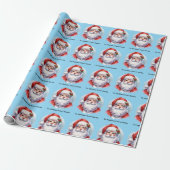 Santa Giftwrap with Personalized Name Blue Cadeaupapier (Uitgerold)
