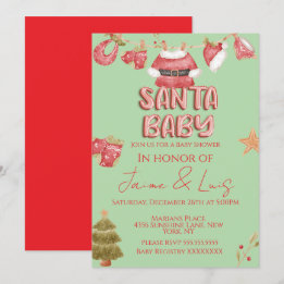 Santa Girl Boy Holiday Green Baby Shower   Kaart