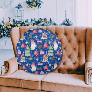 Santa Gnome voor Feestdagen Patroon Blauwe Achterg Rond Kussen
