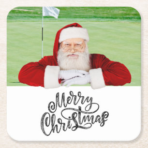 Santa golfer op een groen kerstfeest vierkante kartonnen onderzetter
