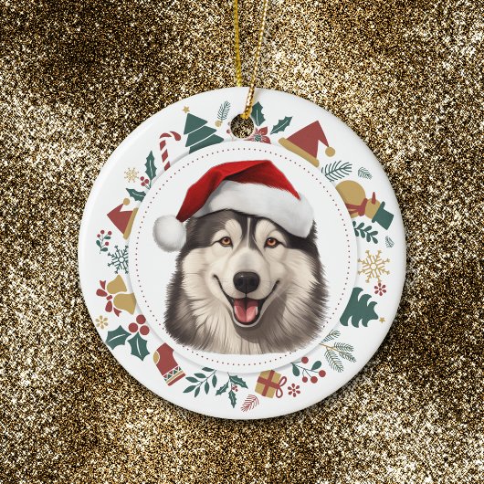 Santa Hat Alaskan Malamute Kerst Afbeeldingen kran Keramisch Ornament