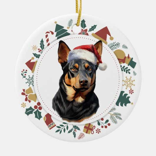 Santa Hat Australische Kelpie Hond Kerstkrans Keramisch Ornament (Voorkant)
