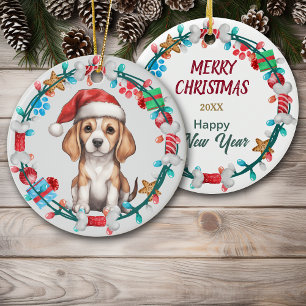 Santa Hat Beagle Puppy Botkrans Keramisch Ornament