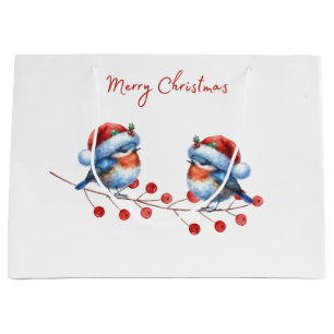 Santa Hat Birds Merry Christmas Gift Bag Groot Cadeauzakje