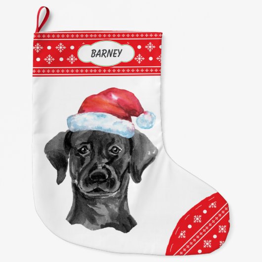 Santa Hat Black Lab Snowflake Border Grote Kerstsok (Voorkant)