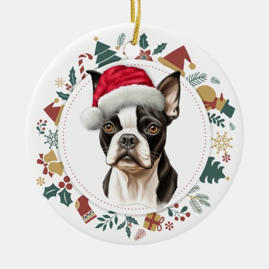 Santa Hat Boston Terrier Hond Kerstkrans Keramisch Ornament (Voorkant)
