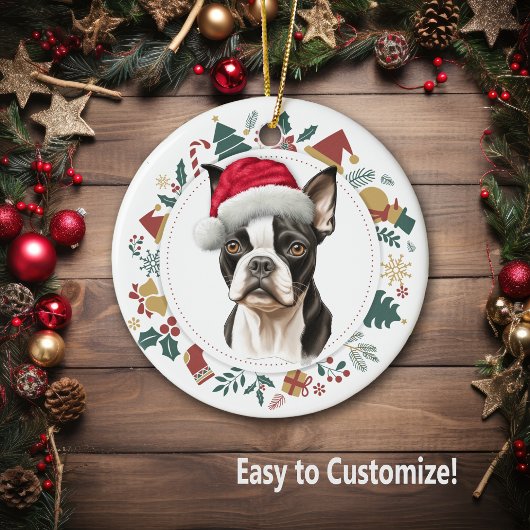Santa Hat Boston Terrier Hond Kerstkrans Keramisch Ornament