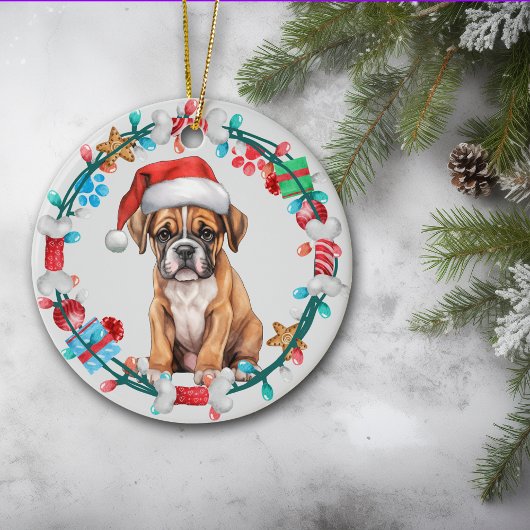 Santa Hat Boxer Puppy Botkrans Keramisch Ornament