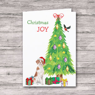 Santa Hat Brittany Dog and Holiday Tree Feestdagen Kaart