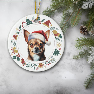 Santa Hat Chihuahua Hond Kerstkrans Keramisch Ornament