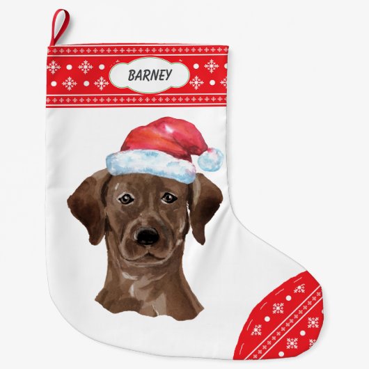 Santa Hat Chocolate Lab Snowflake Border Grote Kerstsok (Voorkant)