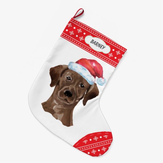 Santa Hat Chocolate Lab Snowflake Border Grote Kerstsok (Voorkant (Hangend))