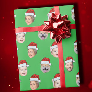 Santa Hat Custom Family Face 4 Foto's Kerstmis Cadeaupapier