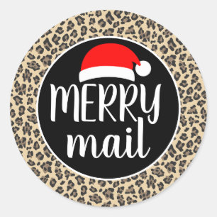 Santa Hat Dierenprint Leopard Merry Mail Ronde Sticker