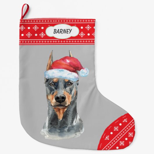 Santa Hat Doberman Snowflake Border Grote Kerstsok (Voorkant)