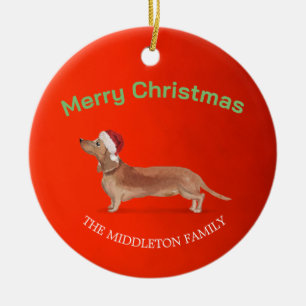 Santa Hat Dog Tan Tachshund Red Merry Christmas Keramisch Ornament
