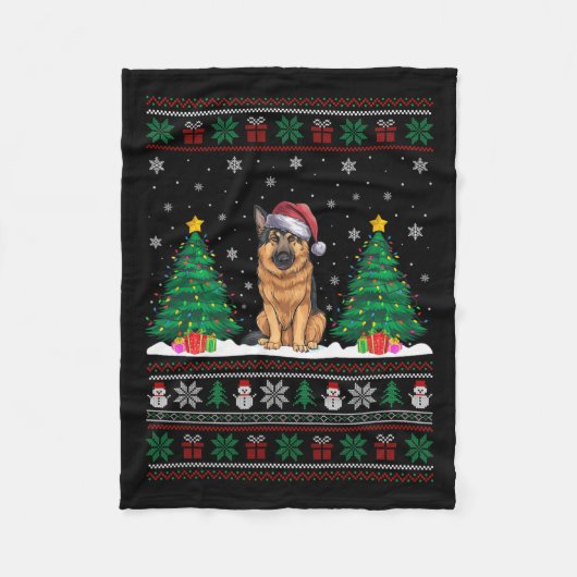 Santa Hat Duitse herder hond Xmas Tree Lights Ugl Fleece Deken (Voorkant)