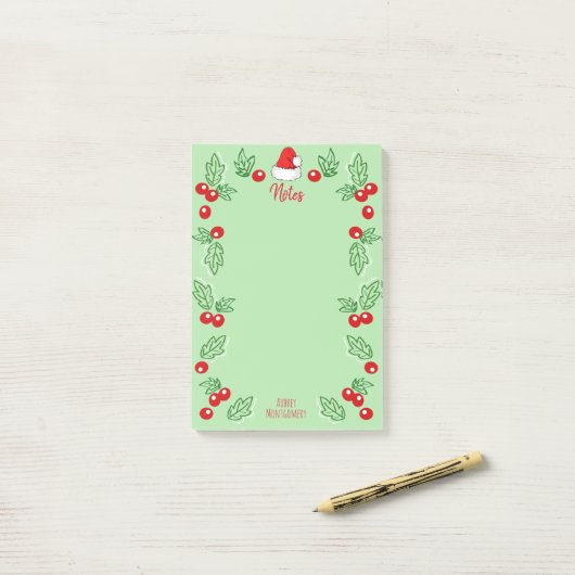 Santa Hat en Holly Berries | Gepersonaliseerd Post-it® Notes (Op bureau)