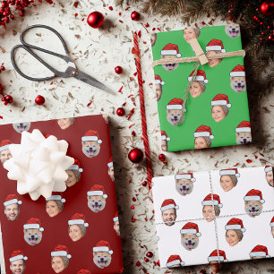Santa Hat Gepersonaliseerd Gezicht 3 Foto Kerstcad Inpakpapier Vel
