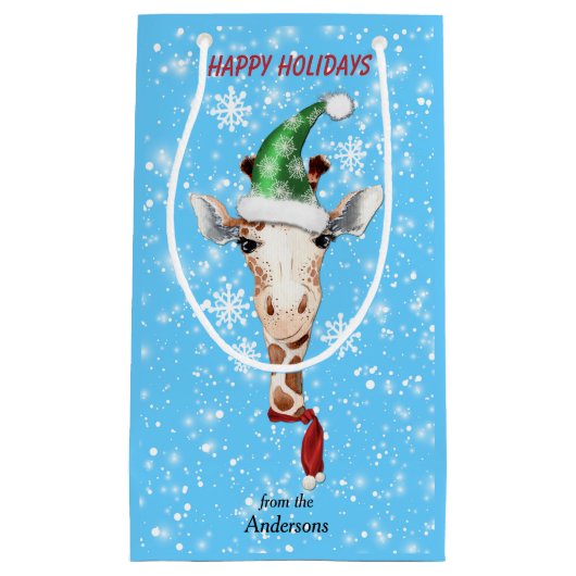 Santa Hat Giraffe Snowflake Blue Klein Cadeauzakje (Voorkant)