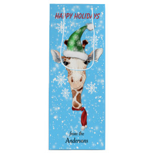 Santa Hat Giraffe Snowflake Blue Wine Gift Bag Wijn Cadeautas