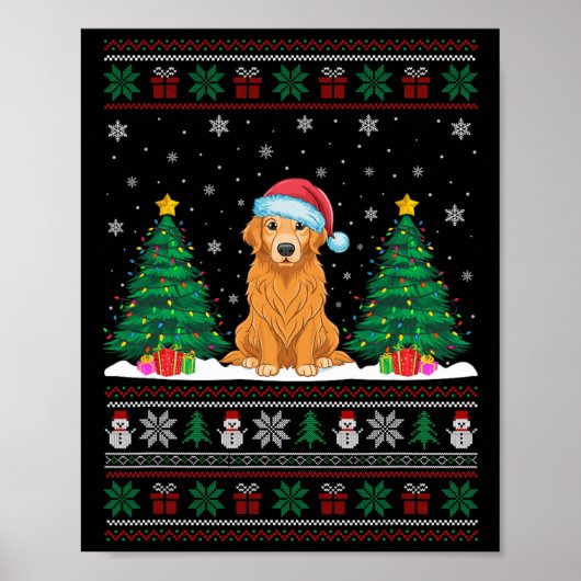 Santa Hat Golden Retriever Dog Xmas Tree Lights Ug Poster (Voorkant)