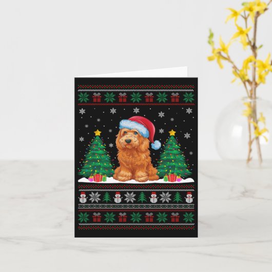 Santa Hat Goldendoodle Dog Xmas Tree Lights Ugly S Kaart (Gele Bloem)