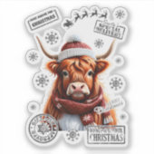 Santa Hat Highland Koe voor kerst Sticker (Voorkant)