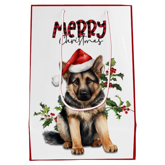 Santa Hat Holly Duitse Herder Puppy Kerstmis Medium Cadeauzakje (Achterkant)